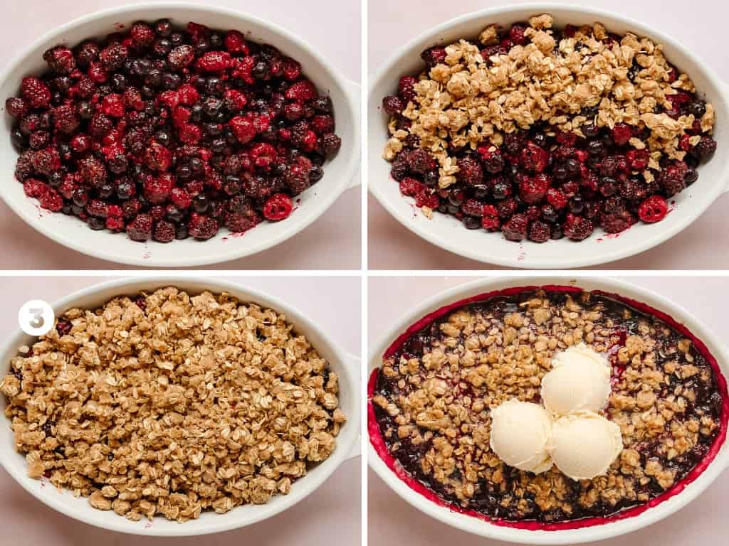 Bake the berry fruit crisp for 45 - 60 minutes or until the top is a beautiful golden brown and the berry filling is bubbling around the edges of the baking dish. Cool the berry dessert for 20 - 30 minutes. The filling needs time to cool and thicken. After the crumble has cooled, scoop into a bowl, top with ice cream or whipped cream and enjoy!
