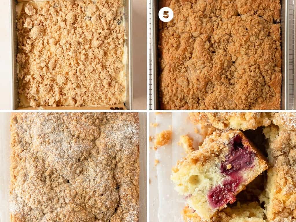 Bake the coffee cake for 45 - 50 minutes or until a toothpick inserted into the center of the blackberry coffee cake comes out clean or with a few moist crumbs. Cool the pan in the pan for 15 - 20 minutes. Gently lift the coffee cake out of the pan using the parchment paper. Transfer to a serving plate or serve right from the pan. Top with powdered sugar or a glaze, slice and enjoy.