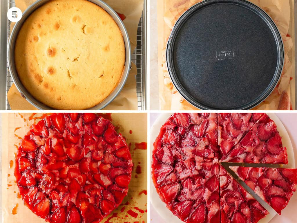 Bake the strawberry upside down cake for 40 - 50 minutes or until a toothpick inserted into the center of the cake comes out clean. Cool the cake pan in the pan for 10 - 15 minutes. Use a butter knife to gently separate the edges of the cake from the pan. Place a serving platter or large plate over the top of the cake pan. Invert the cake pan to the top is now on the bottom of the platter or plate. Gently lift the pan off of the cake to reveal the parchment lined strawberries. Gently remove the parchment paper from the strawberry layer. The cake is now ready to be served. I recommend serving this with freshly whipped cream or a scoop of ice cream.