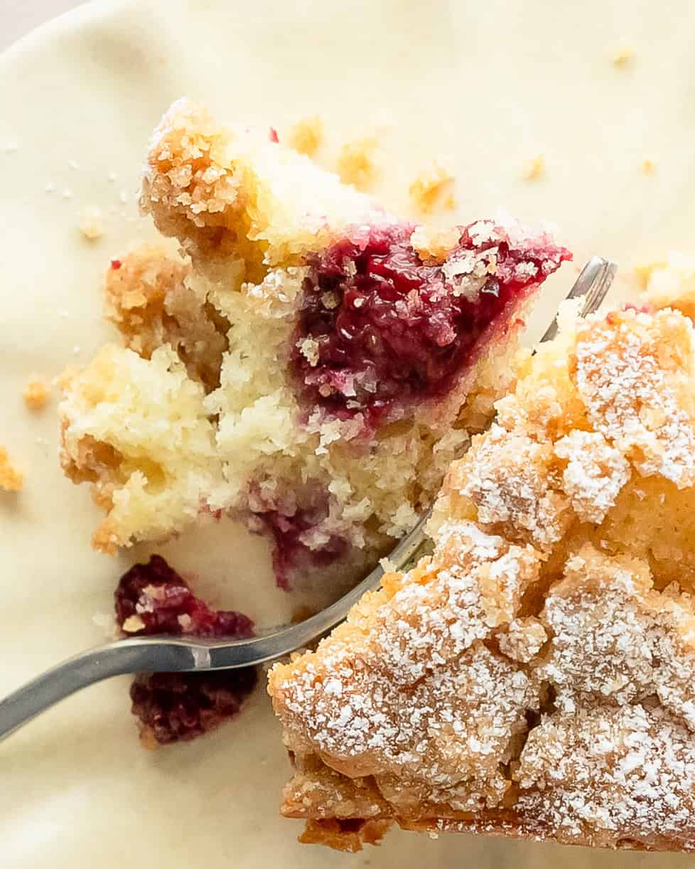 Moist berry coffee cake topped with golden cinnamon crumbs and fresh blackberries.