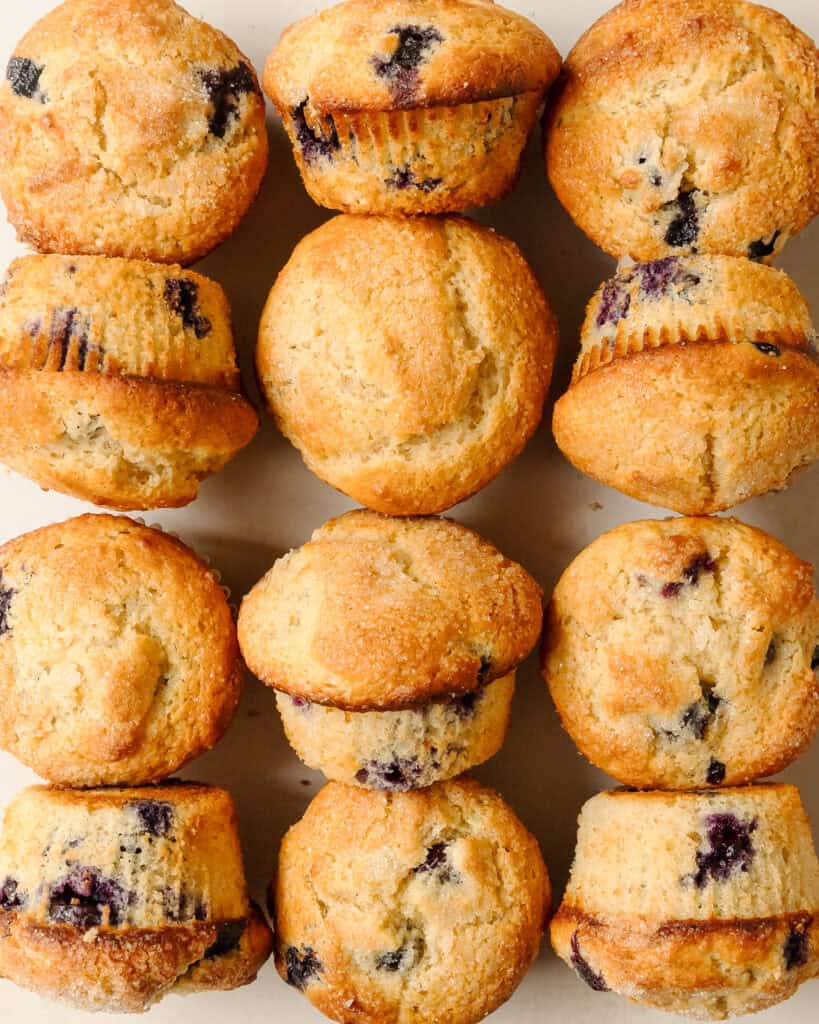 Cottage cheese blueberry muffins baked until golden brown.