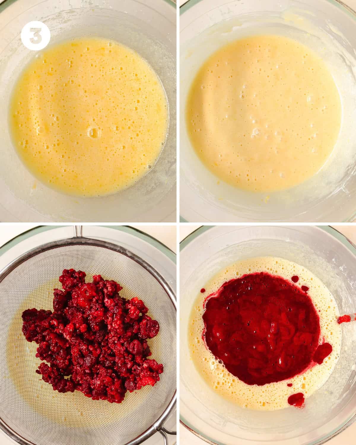 In another large mixing bowl, whisk the sugar and zest together until a sand like texture forms. Whisk in the eggs, followed by the salt and flour until smooth and well combined. Whisk in the freshly squeezed lemon juice. Top the mixing bowl with a fine mesh strainer. Press the fresh or thawed raspberries into the bottom of the strainer, allowing the raspberry juice to fall directly into the bowl. Whisk well to fully combine the raspberry juice with the lemon custard.