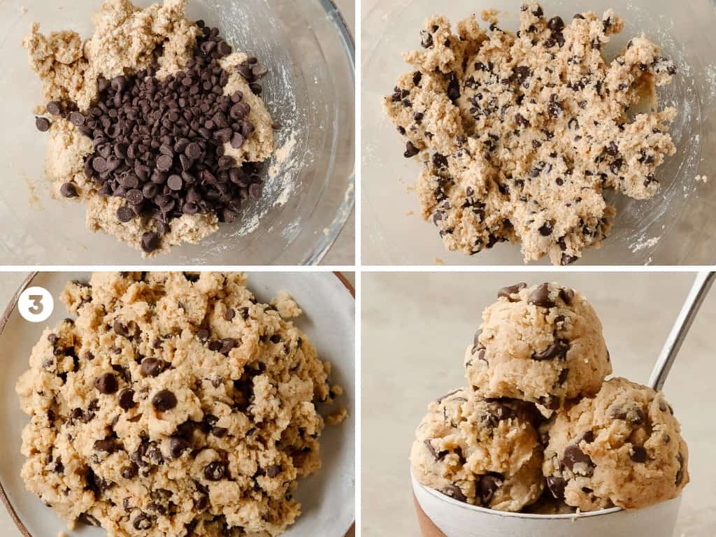 Transfer the protein cookie dough into a serving dish to enjoy right away or scoop into cookie dough balls for snacking and store a container to store to enjoy later.