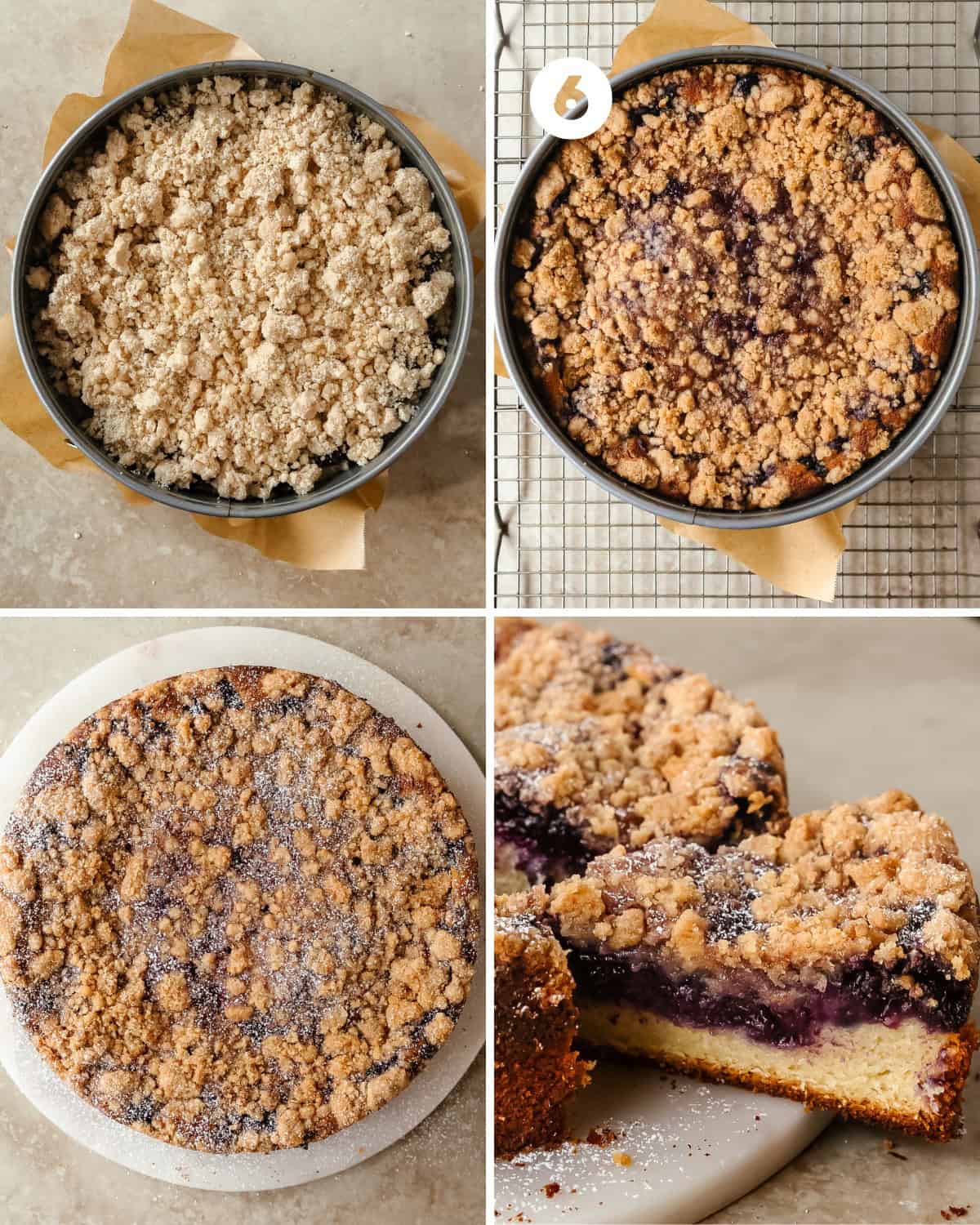 Bake the blueberry crumb cake for 55- 75 minutes or until a toothpick inserted into the center of the cake comes out clean. Cool the cake pan in the pan for 20 minutes. Use a butter knife to gently separate the edges of the cake from the pan. Release the side of the springform pan from the cake. Transfer the cake to a serving platter or serve directly from the bottom of the springform pan.