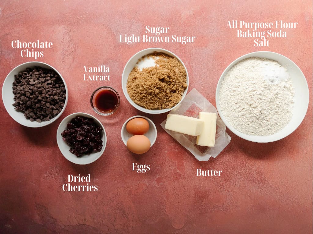 Ingredients needed to make homemade cherry chocolate chip cookies.