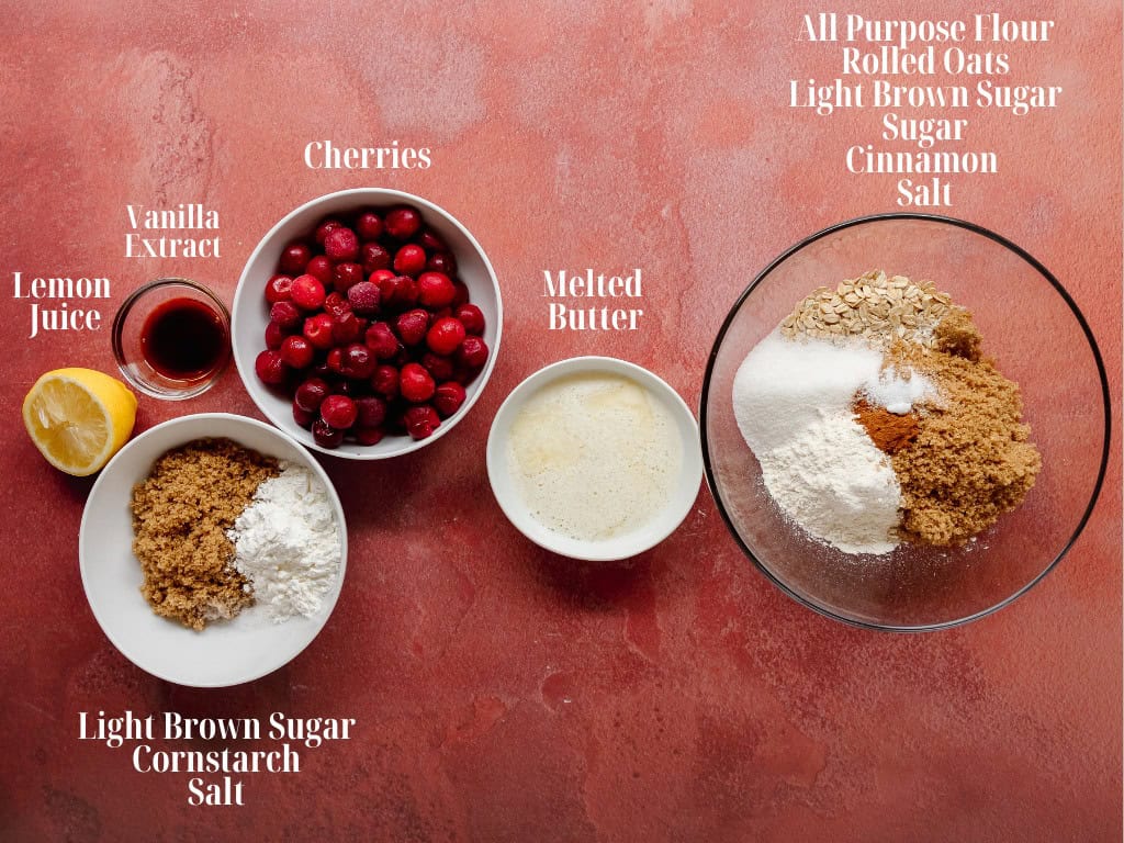 Ingredients measured for an easy cherry crisp recipe.