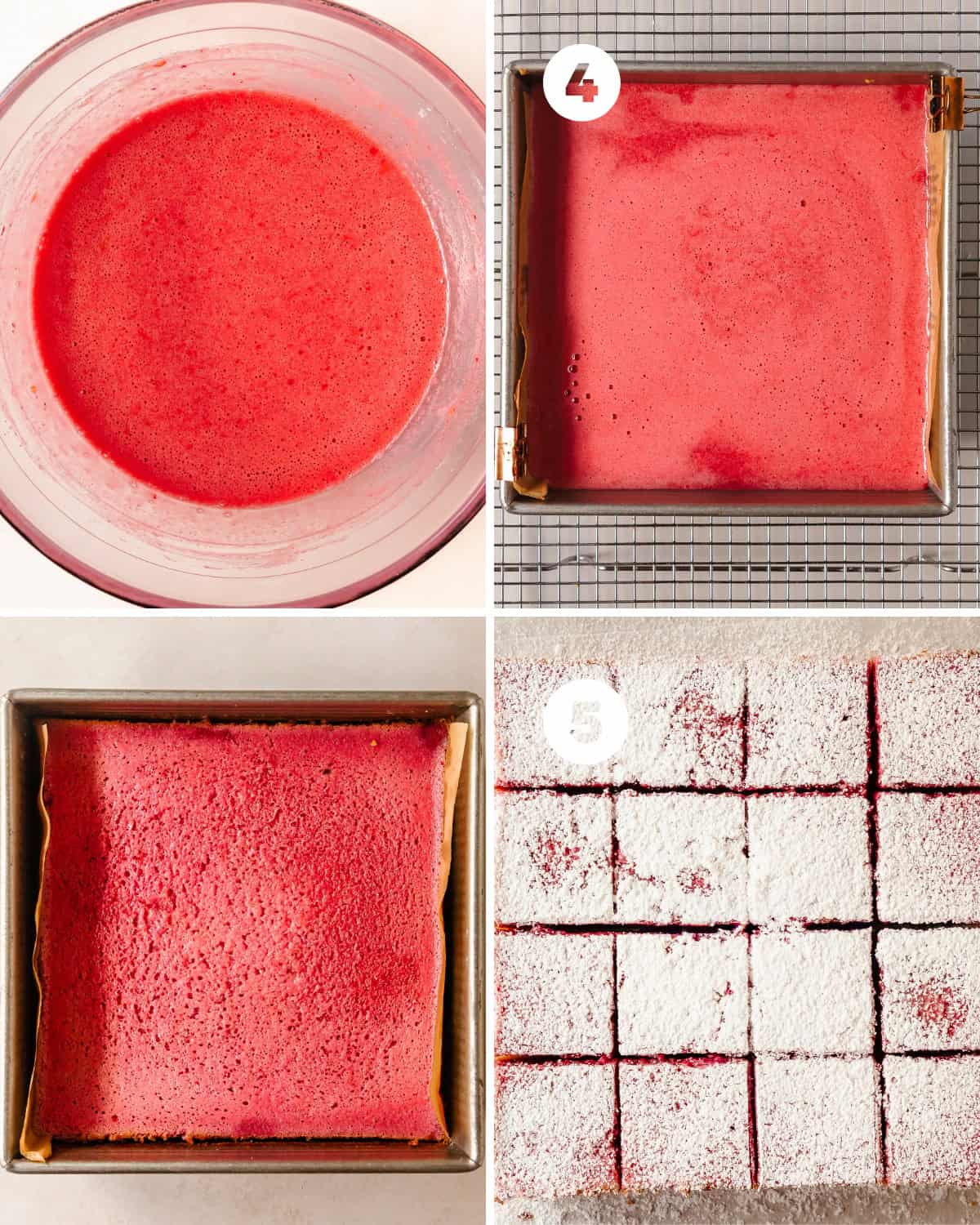 Pour the raspberry lemon filling into the prepared pan on top of the parbaked crust. Bake the assembled raspberry lemon bars for 18 - 22 minutes. The edges will be set and the center will have a slight jiggle (like a cheesecake) when the bars are done baking. Cool the bars in the pan at room temperature for 1 hour. Transfer the bars to the fridge to chill for an additional 2 - 3 hours or up to overnight. Slice the bars and dust with powdered sugar right before serving. Bars are best served from the fridge.