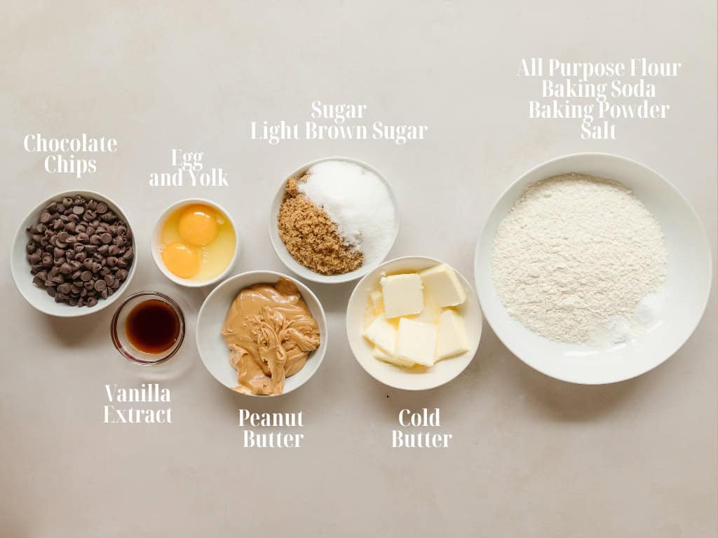 Peanut Butter Chocolate Chip Cookies ingredients in bowls.