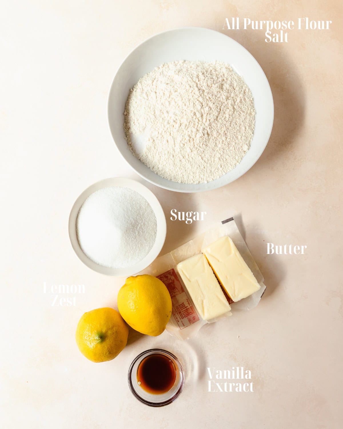 Ingredients to make lemon shortbread crust for raspberry lemon bars.