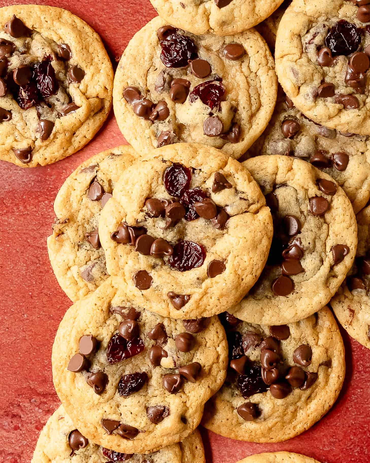 Homemade cherry chocolate chip cookies with melty chocolate chips and sweet cherries.