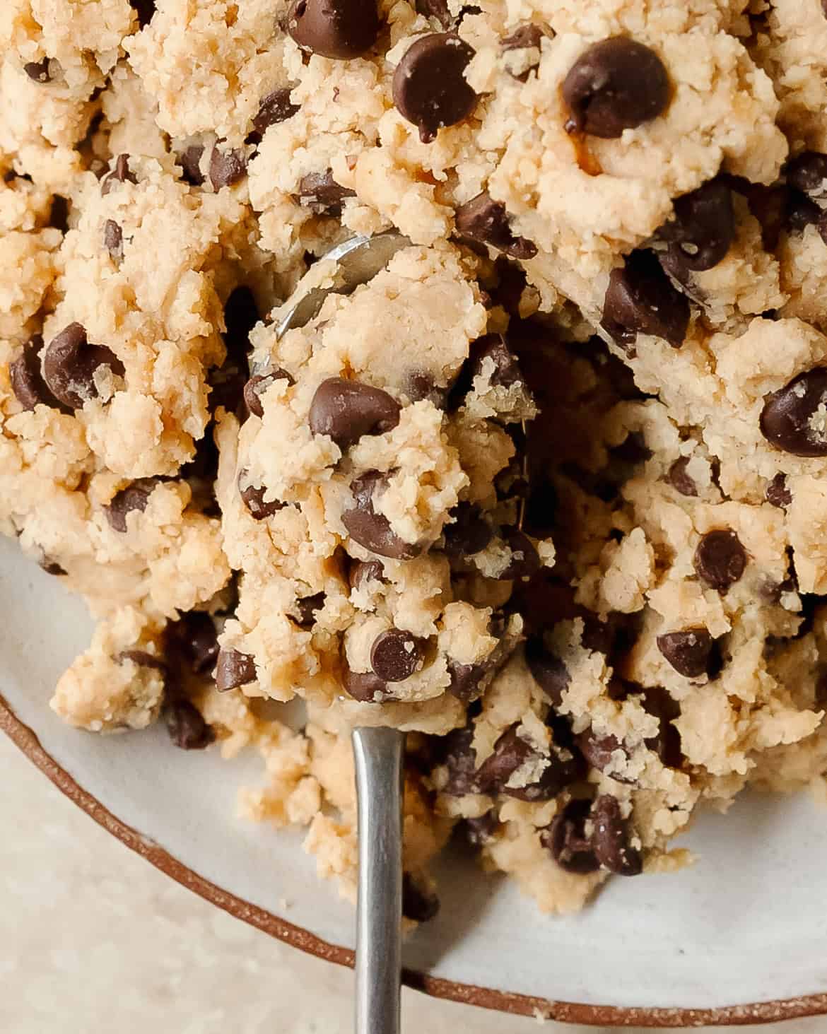 Close up of creamy Cottage Cheese Cookie Dough with chocolate chips.