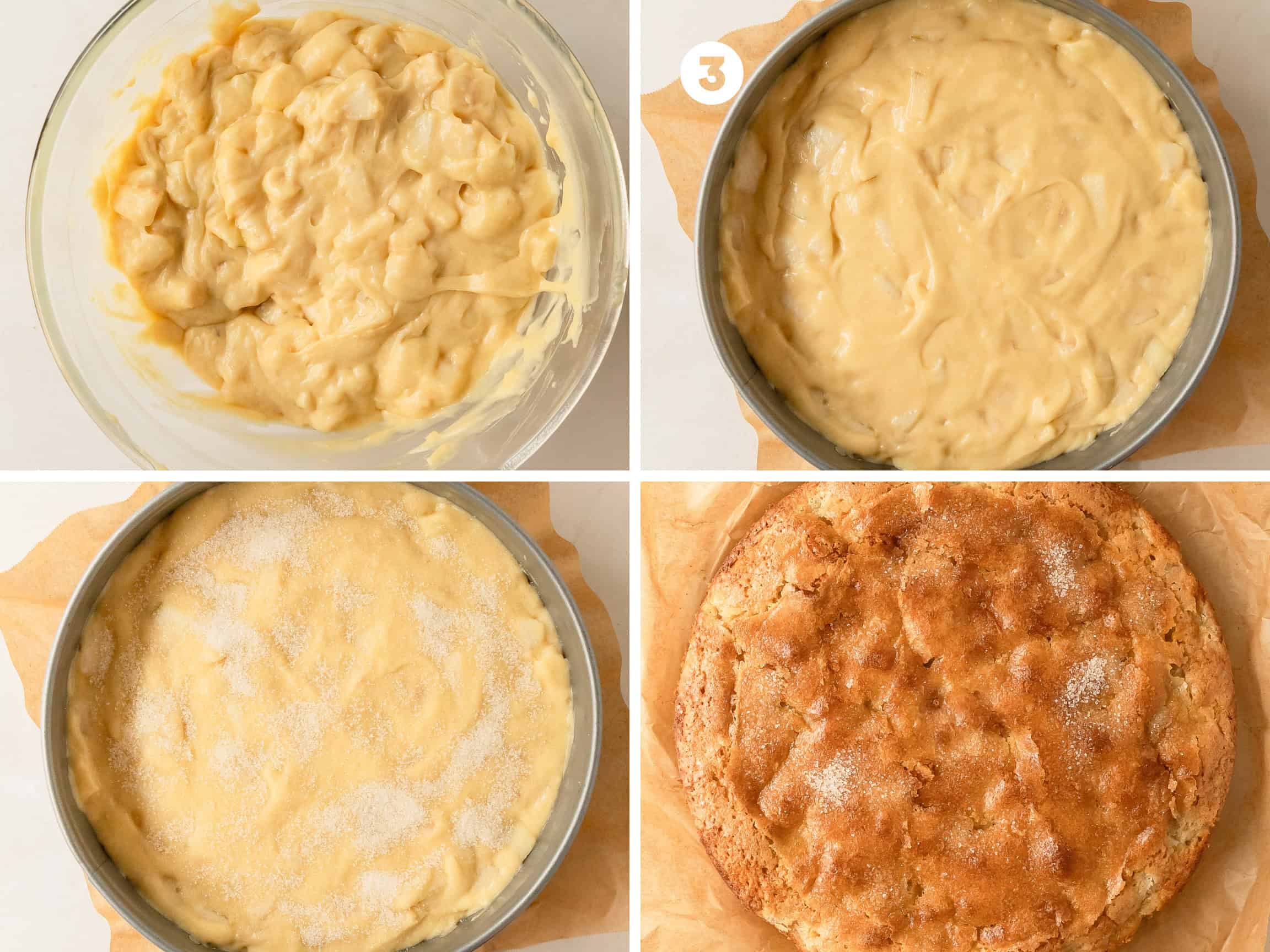 Evenly spread the pear cake batter into the prepared pan. Top with more sugar if you like. Bake the french pear cake for 45 - 50 minutes or until a toothpick inserted into the center of the pear cake comes out clean. Cool the cake pan in the pan for 15 - 20 minutes. Gently remove the cake from the pan and allow it to cool for 10 -15 additional minutes. Transfer the cake to a serving plate, top with powdered sugar, slice and enjoy!