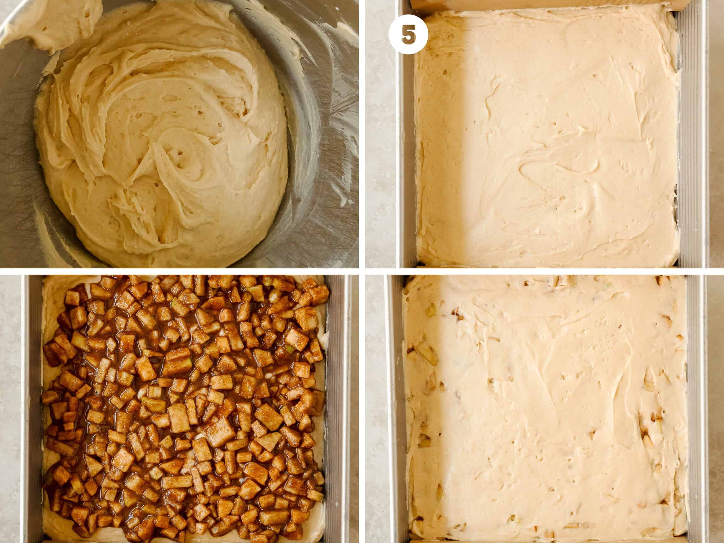 Evenly spread about ? of the coffee cake batter into the prepared pan. Evenly layer all of the apple filling on top of the cake batter. Use a slotted spoon or strain the excess juice from the apple filling before topping the cake. Top the apple filling with the streusel, making sure to break any extra large pieces into smaller pieces.