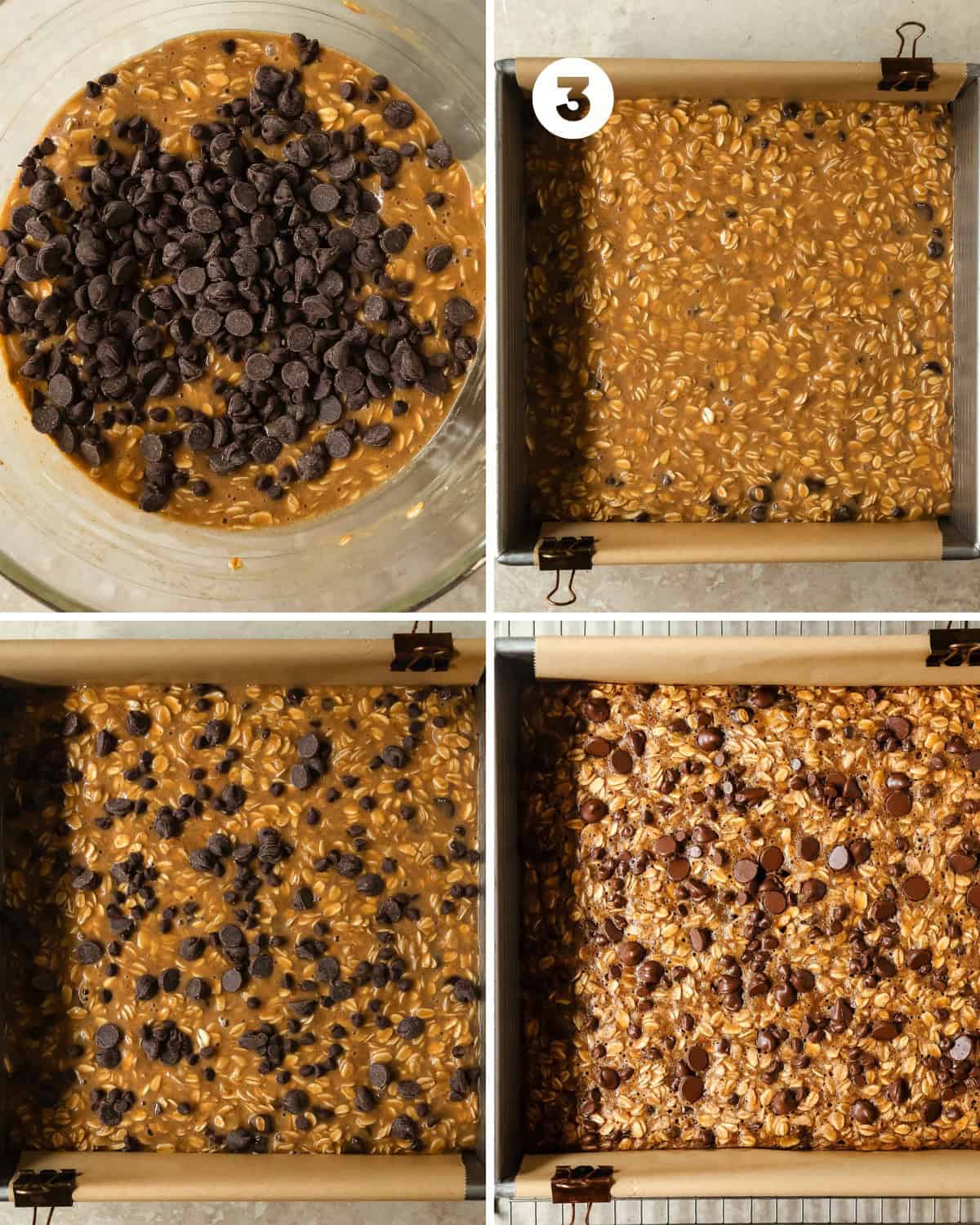 Transfer the banana oatmeal batter into the prepared pan. Use a flexible spatula to smooth the dough evenly across the pan. Top with the reserved chocolate chips or other topping. Bake for about 25 - 30 minutes or until the edges of bars are a light golden brown, slightly puffed up and the edges are slightly pulled away from the sides of the pan. Cool the banana oat bars in the hot pan until room temperature. This takes about 45 - 60 minutes. If needed, transfer the bars to the fridge to chill for an additional hour or until the bars hold together well. When the oatmeal bars have cooled long enough to transfer out of the pan without breaking, use the excess parchment paper on the long sides of the pan and gently lift the bars out of the pan and to cool on a cooling rack, then slice and enjoy.