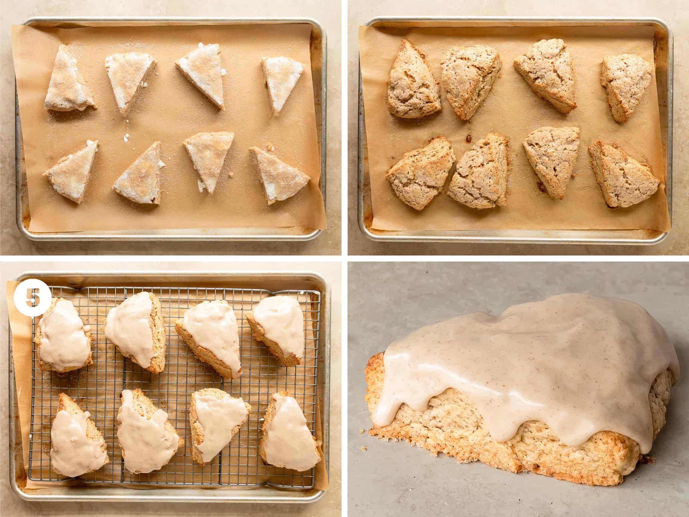 To make the glaze, whisk the powdered sugar with ground cinnamon, vanilla extract or vanilla bean paste and heavy cream or milk until smooth and well combined. Drizzle the icing on top of the cooled cinnamon scones and enjoy.