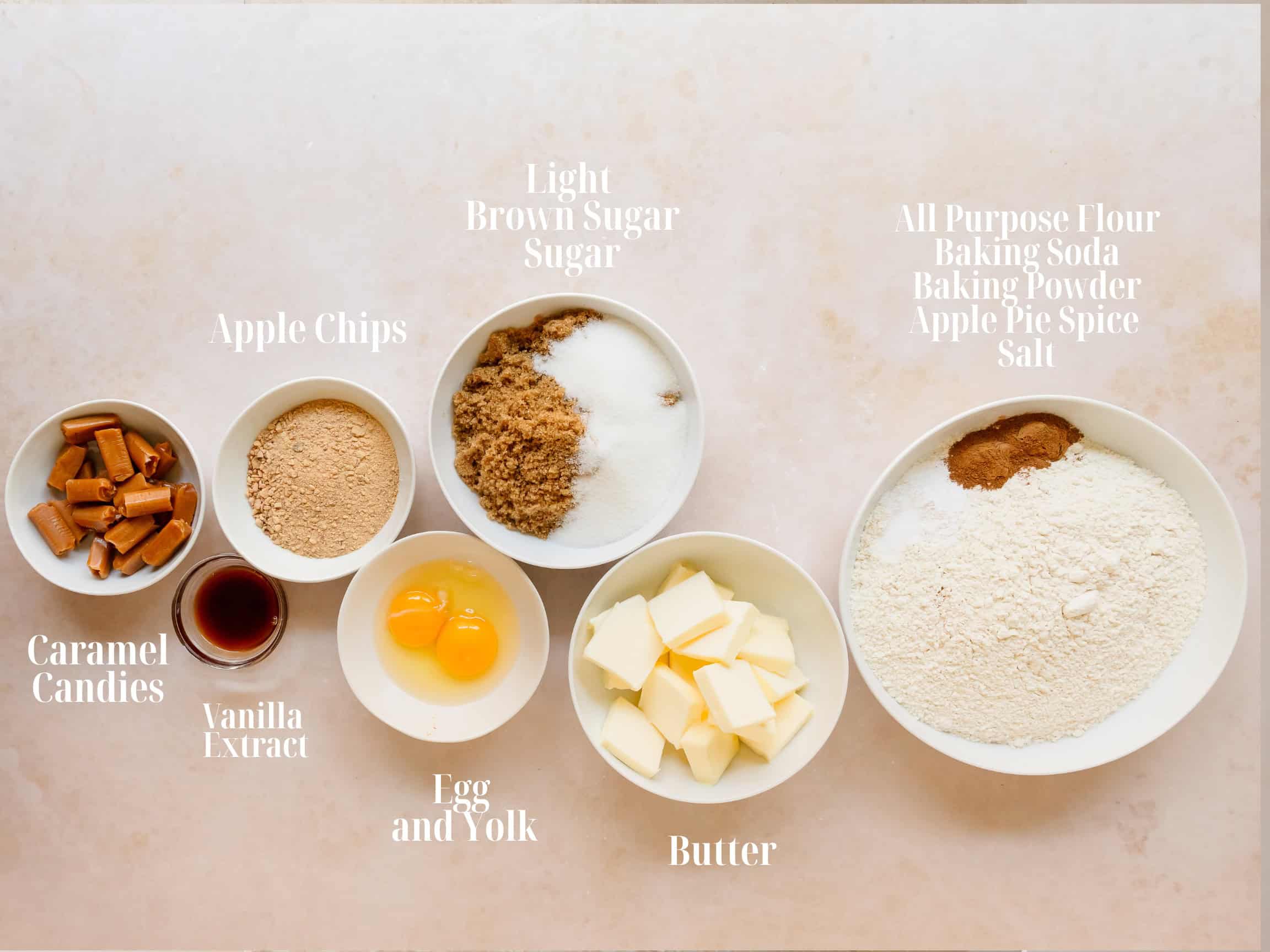Ingredients to make caramel apple cookies in bowls.