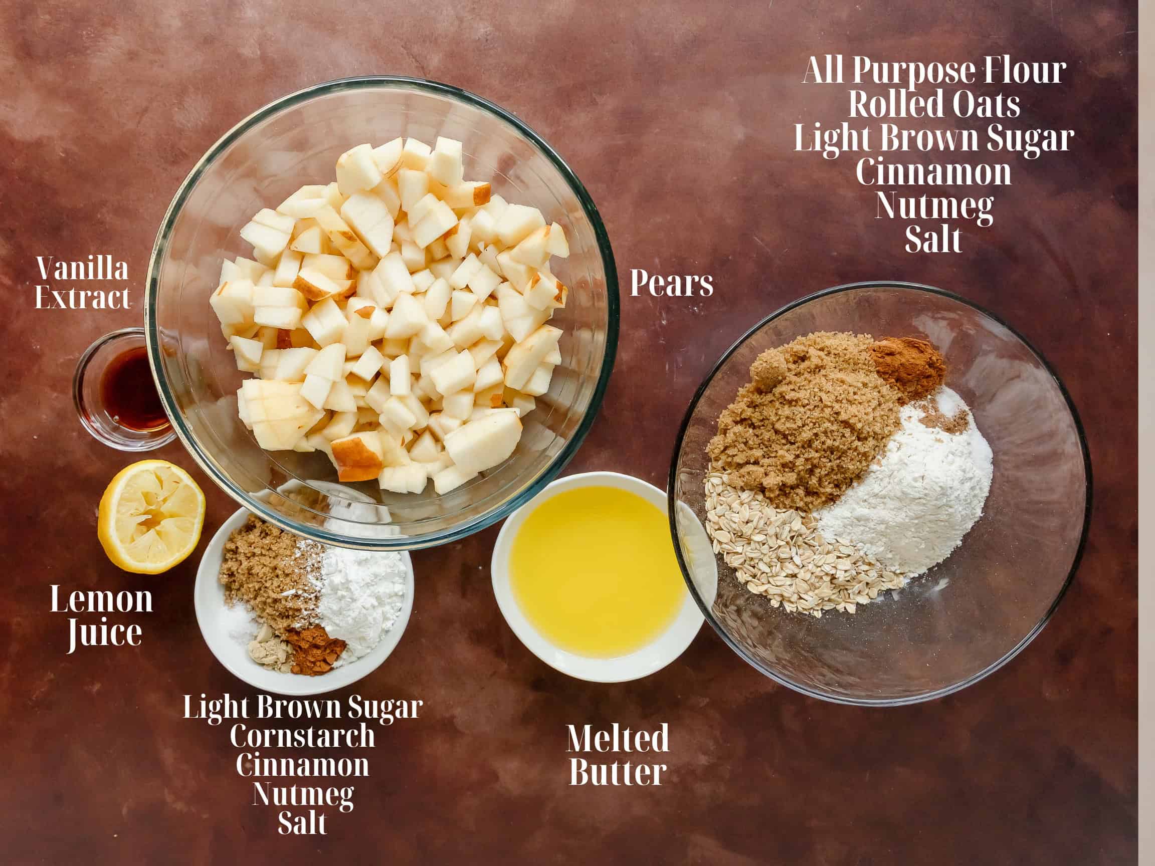 Ingredients to make pear crisp in bowls.