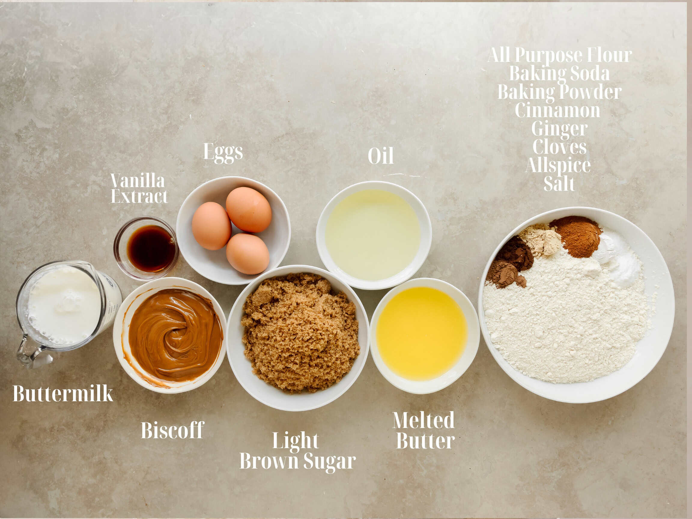 Ingredients in bowls to make Biscoff Bundt Cake.