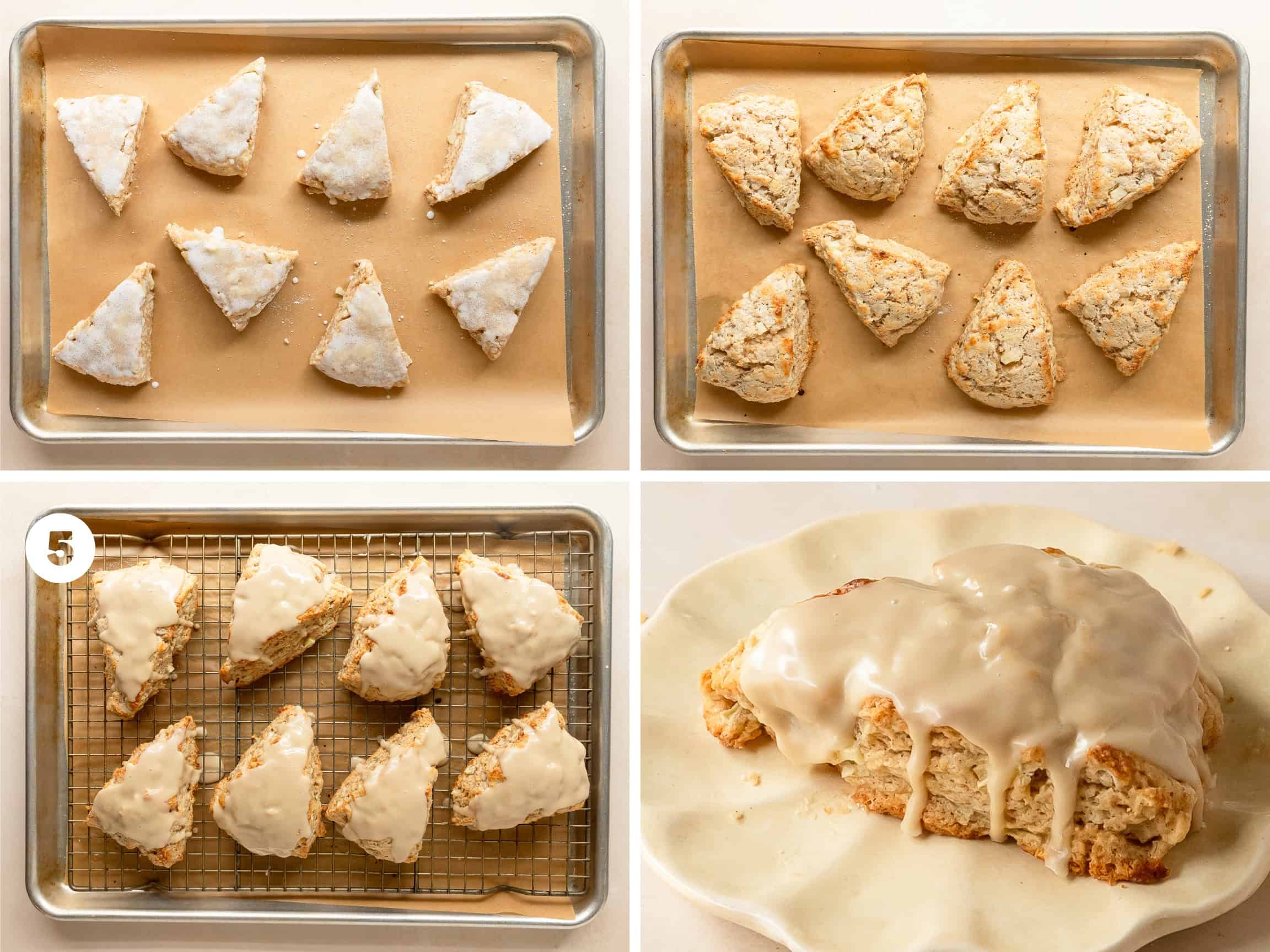 To make the maple glaze, whisk the powdered sugar with maple syrup, vanilla extract or vanilla bean paste and heavy cream or milk until smooth and well combined. Drizzle the icing on top of the cooled apple scones and enjoy.