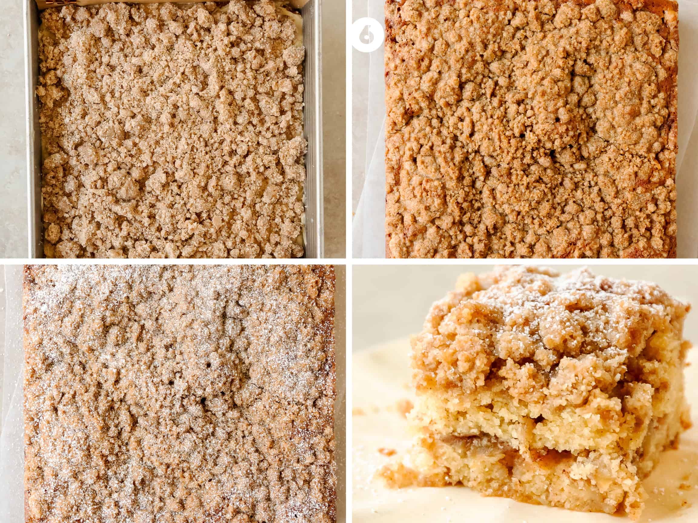Bake the coffee cake for 45 - 60 minutes or until a toothpick inserted into the center of the apple coffee cake comes out clean or with a few moist crumbs. Cool the pan in the pan for 15 - 20 minutes. Gently lift the coffee cake out of the pan using the parchment paper. Transfer to a serving plate or serve right from the pan. Top with powdered sugar or a glaze, slice and enjoy.
