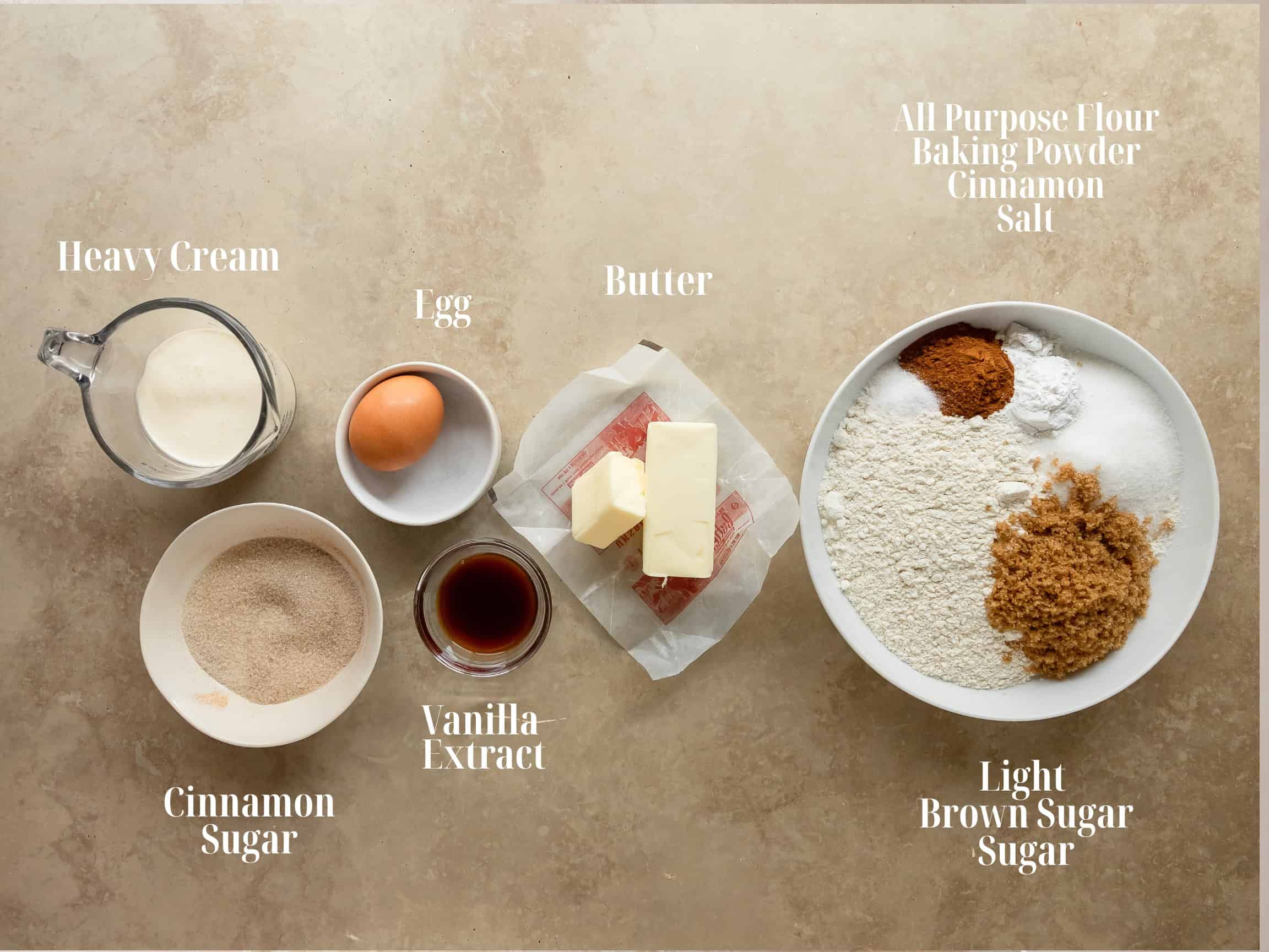 Ingredients for cinnamon scones on bowls.