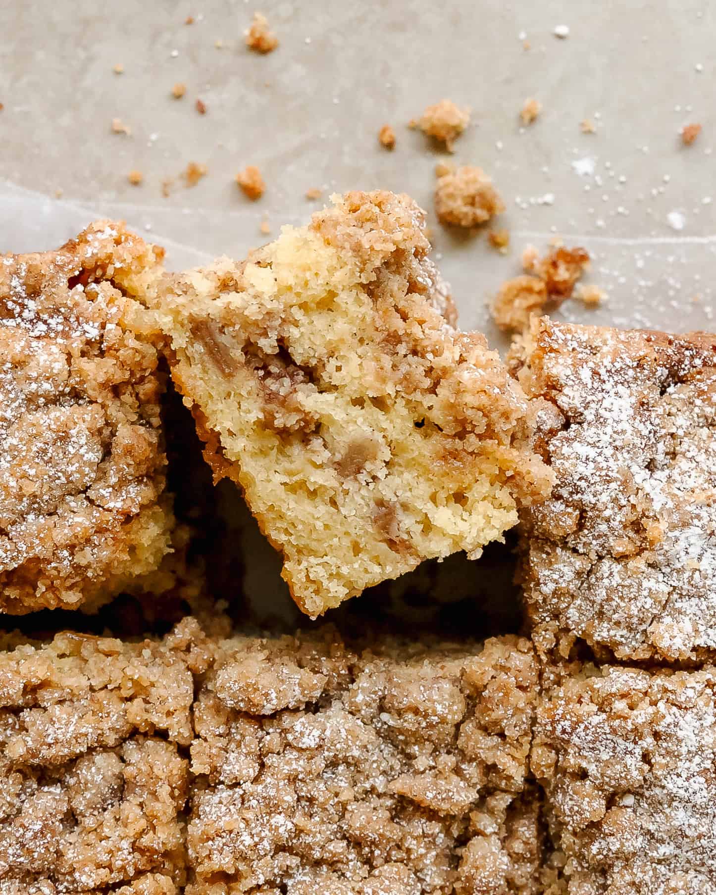 Baked apple coffee cake with a golden cinnamon topping.