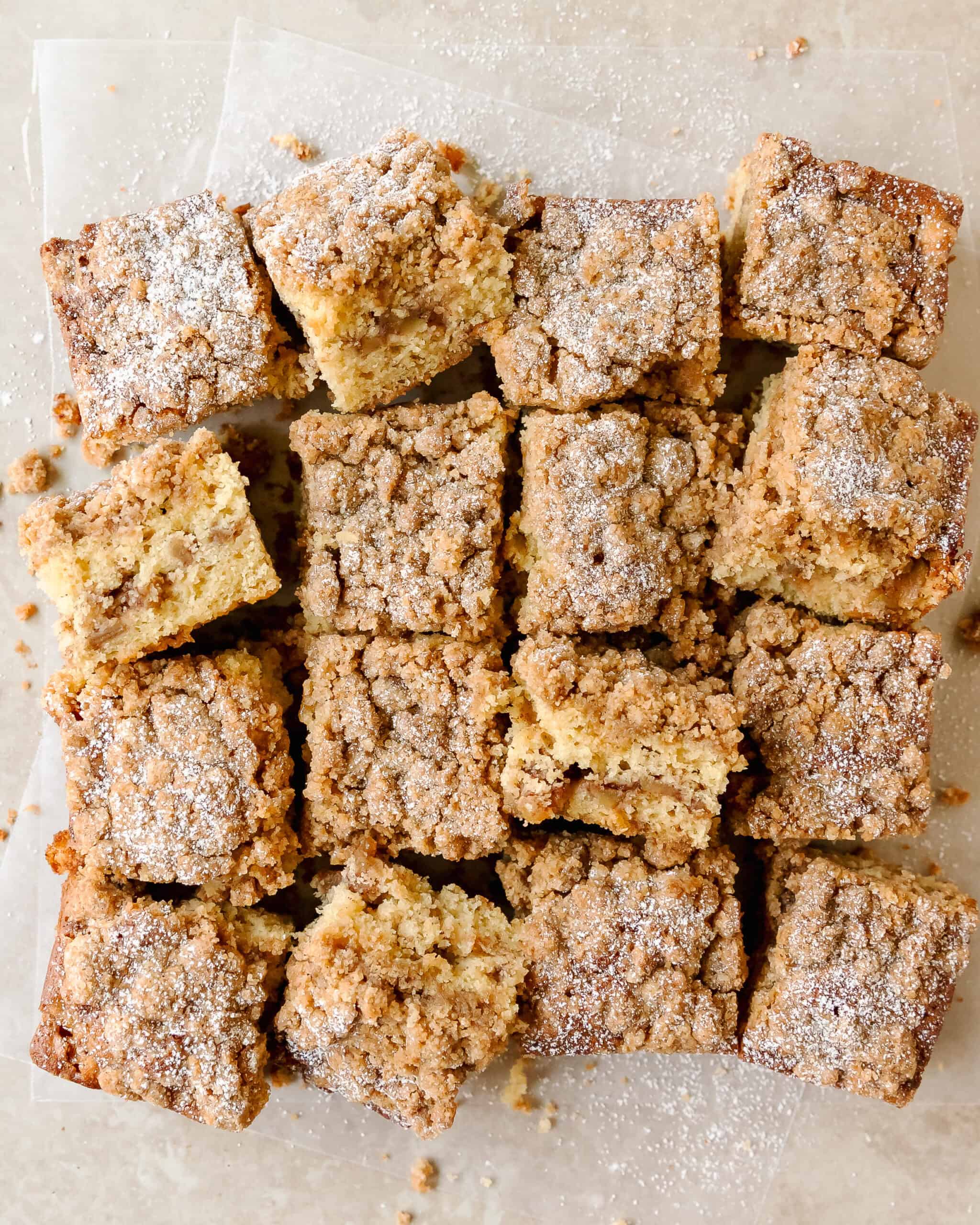 Homemade apple coffee cake with sweet cinnamon apples, topped with cinnamon crumble.