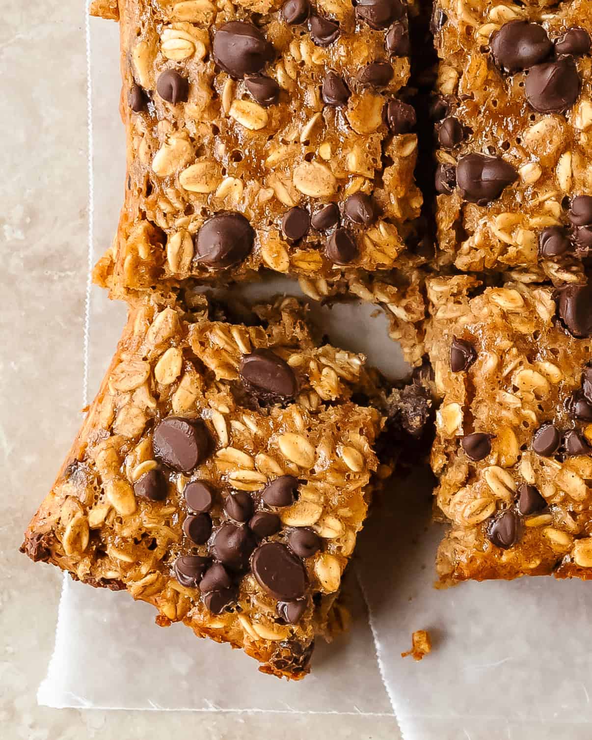 Thick and chewy Banana Oatmeal Bars with a soft oatmeal texture.