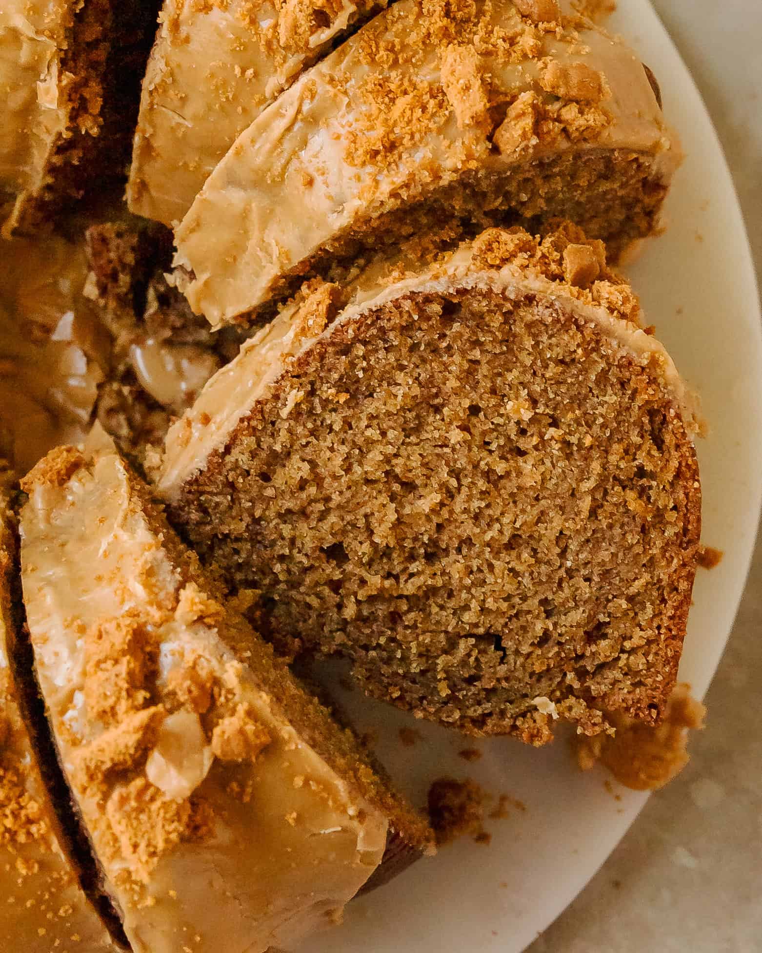 Close-up of the moist crumb of the cookie butter cake.