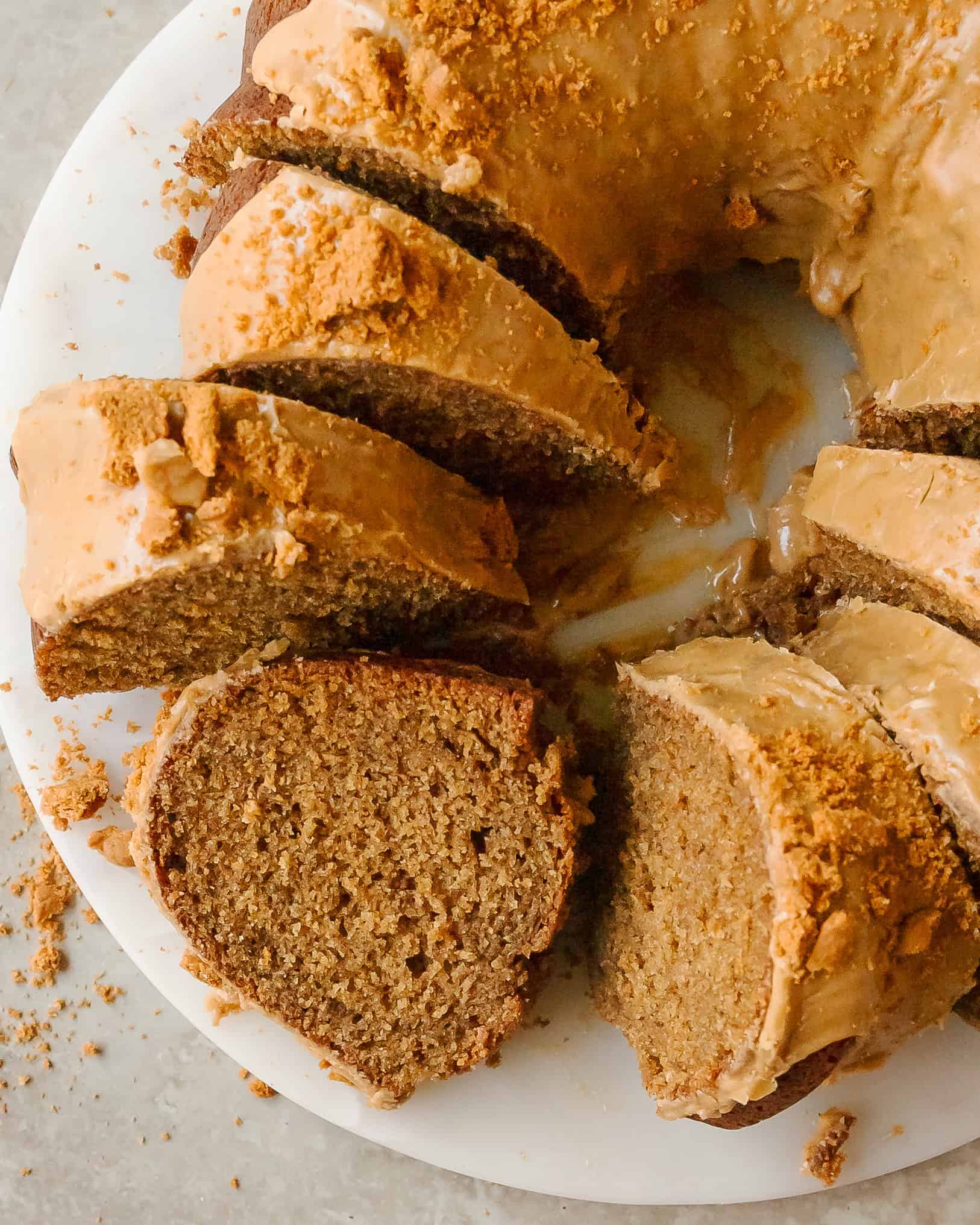 Easy Biscoff Bundt Cake with creamy cookie butter glaze.