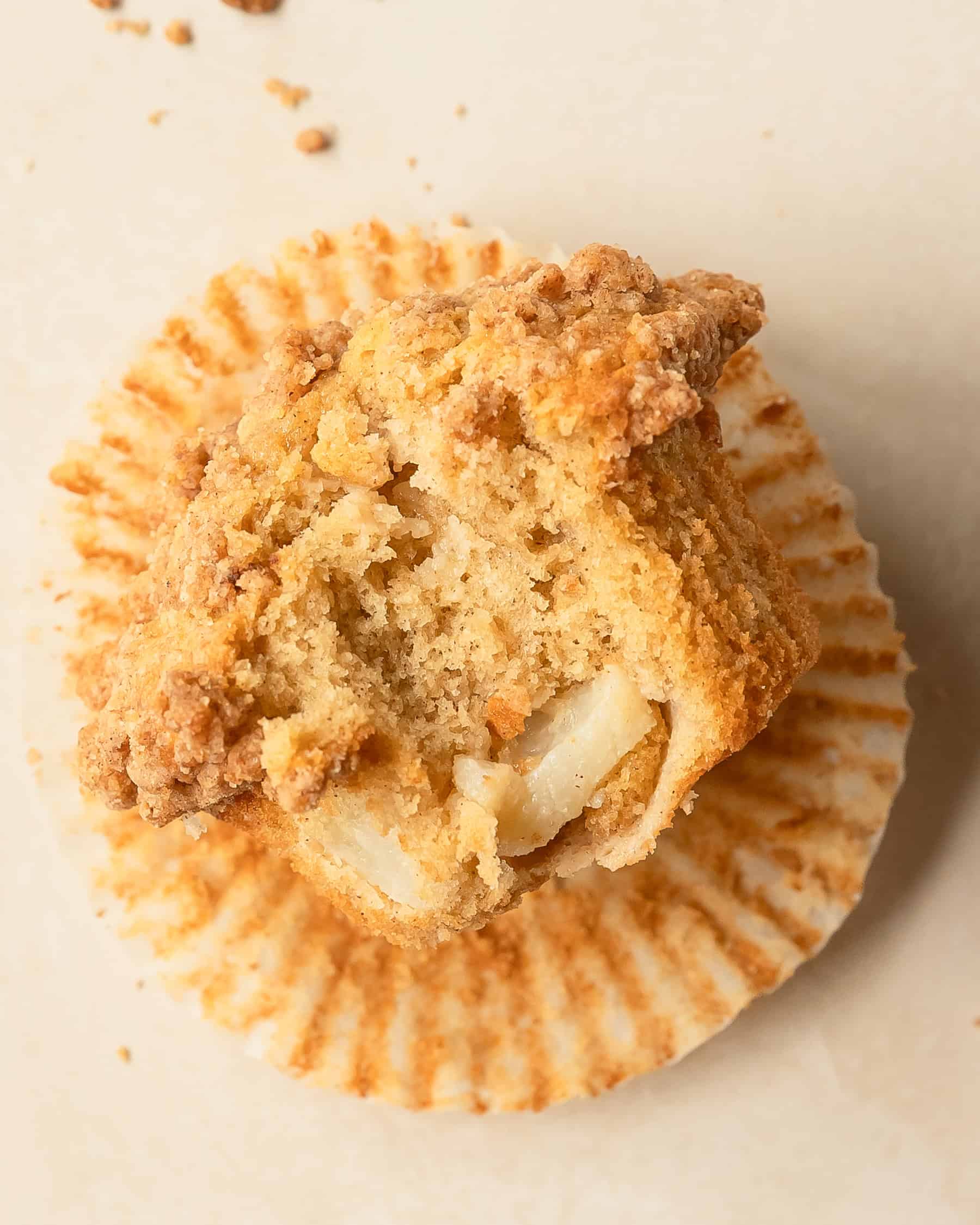 Close-up of fresh pear pieces inside a homemade muffin.