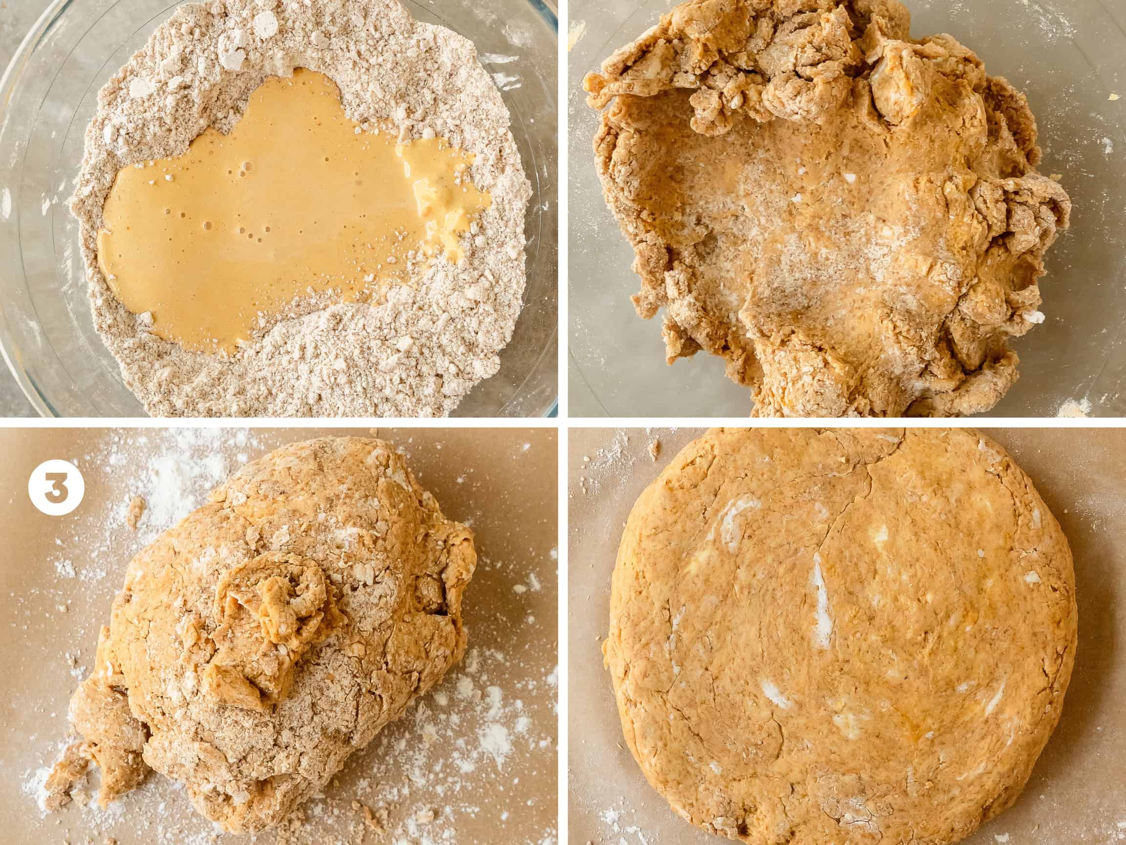 Transfer the spiced pumpkin scone dough onto a lightly floured surface and gently shape the dough into a ball. Gently knead the scone dough by pressing down on the dough from middle to edges to form a disk. Fold in half. Repeat gently pressing the dough back into a round disk. Shape into a 7 - 8 inch disk that’s about 1 inch thick. Place the disk onto a parchment lined baking sheet or plate to chill in the freezer for 20 - 30 minutes. While the scones chill in the freezer, preheat the oven to 425 F (218 C).