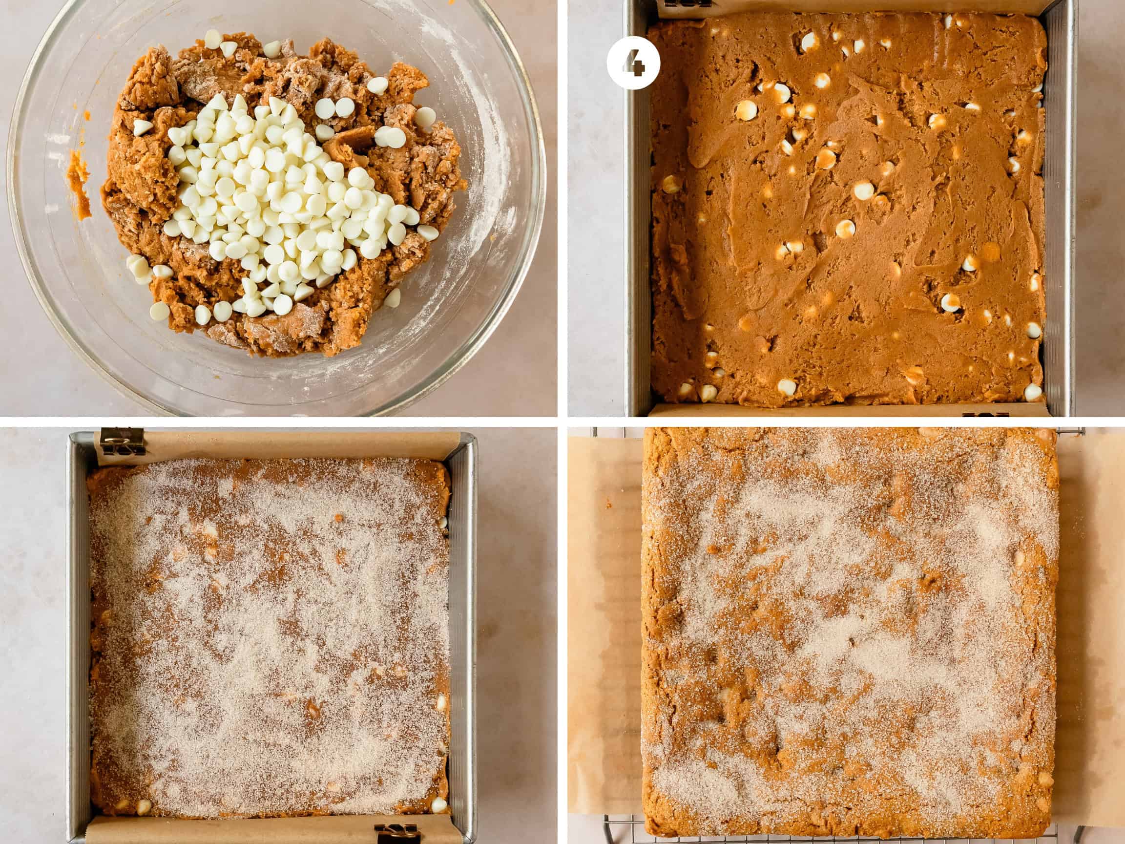 Smooth the blondies batter into the prepared pan. Use a flexible spatula to smooth the blonde brownie batter evenly across the pan. If you would like to top the blondies with a spiced sugar, whisk the sugar and pumpkin spice together until well combined. Top the blondies with the spiced sugar. Bake for about 25 - 30 minutes or until the sides of the chocolate chip blondies are firm and set and the top is crisp with some cracks forming across the top. Cool the buttery pumpkin blondie bars in the pan to room temperature, slice and enjoy!