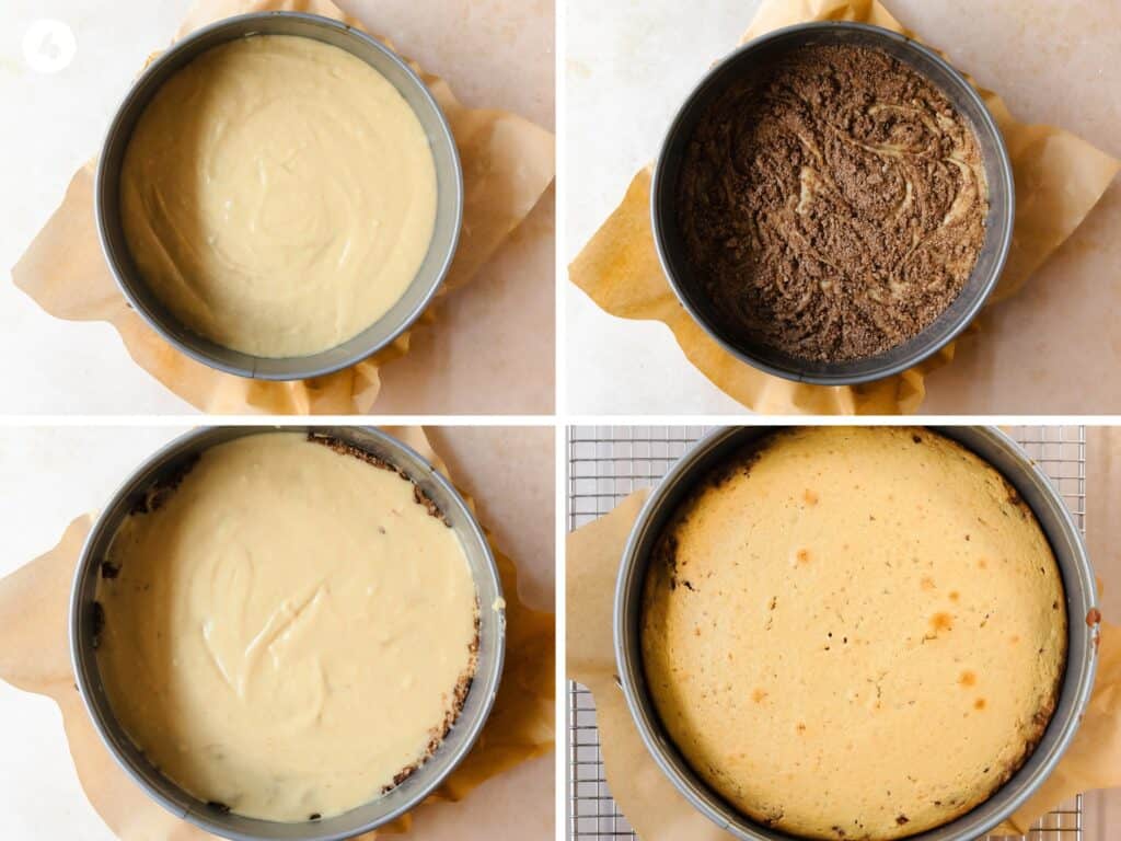 Evenly spread ½ of the vanilla cake batter into the prepared pan. Evenly top the batter with the cinnamon swirl (made in step 1). Using the end of a knife, skewer or cake tester, swirl the cinnamon into the batter. Top with the remaining vanilla cake batter. Bake the cinnamon swirl cake or 30 - 35 minutes or until a toothpick inserted into the center comes out with a few moist crumbs. The edges of the cake will also start to pull slightly away from the edges of the pan.