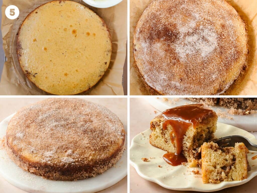 While the cake cools, melt the butter and make the cinnamon sugar by mixing the cinnamon with the sugar to well combined. Cool the pan in the pan for about 10 minutes. Release the ring of the springform pan and remove the ring from the cake. Brush the top and edges of the cake with the melted butter. Make sure to use all of the melted butter. Once the cake is covered in the butter, scatter and press the cinnamon sugar onto top and sides of the cake. I like to gently lift up the bottom of the cake pan, tilt it to the side and press a few pinches of the cinnamon sugar into the cake. Enjoy the cake warm with a drizzle of salted caramel or melted chocolate to make it really churro inspired.