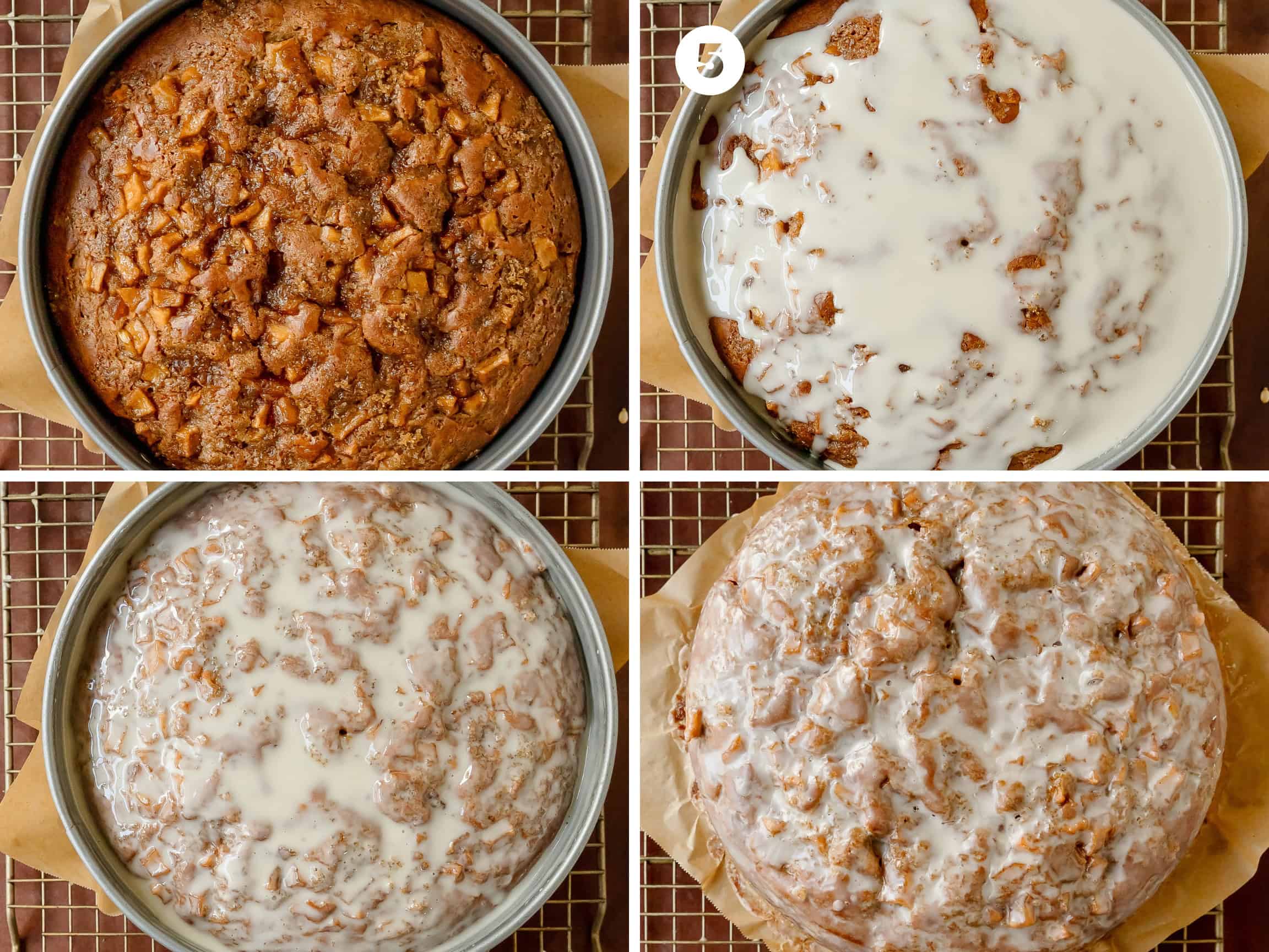To make the glaze, mix the powdered sugar with milk until smooth and well combined. Brush the glaze over the cake. The glaze should fully cover the top and melt down the sides of the cake still in the pan. The glaze needs about 45 minutes to set. Gently loosen the sides of the springform pan and gently remove from the cake. Transfer to a serving plate or serve right from the pan bottom of the pan.