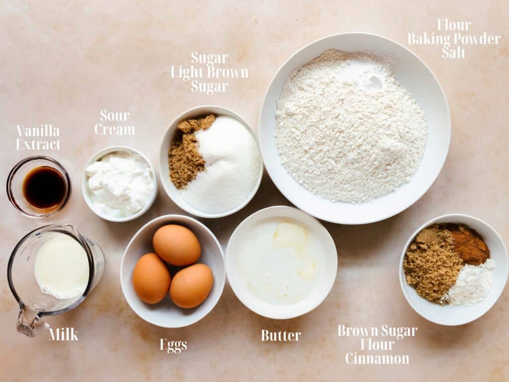 Ingredients to Make Cinnamon Cake in bowls.