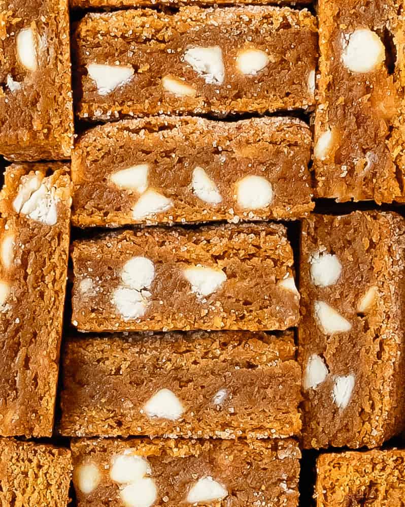 Homemade pumpkin blondies sliced into neat squares.
