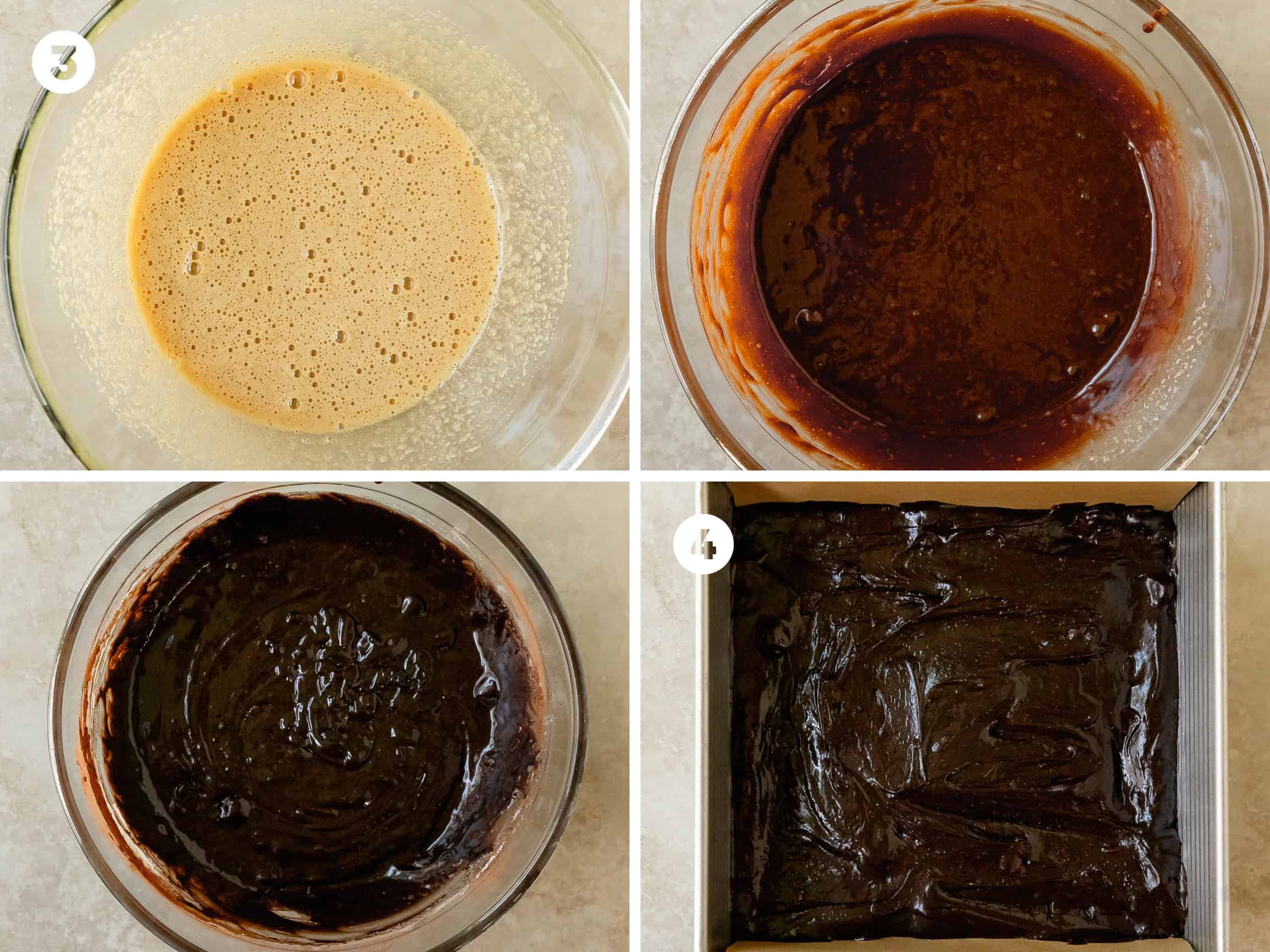 In another mixing bowl whisk the eggs, sugar, light brown sugar, vanilla extract and salt until smooth and well combined. Whisk in the melted chocolate and butter mixture until smooth and well combined. Whisk in the cocoa powder and flour until smooth and glossy. Stir in the remaining ½ cup (85 g) chocolate chips.