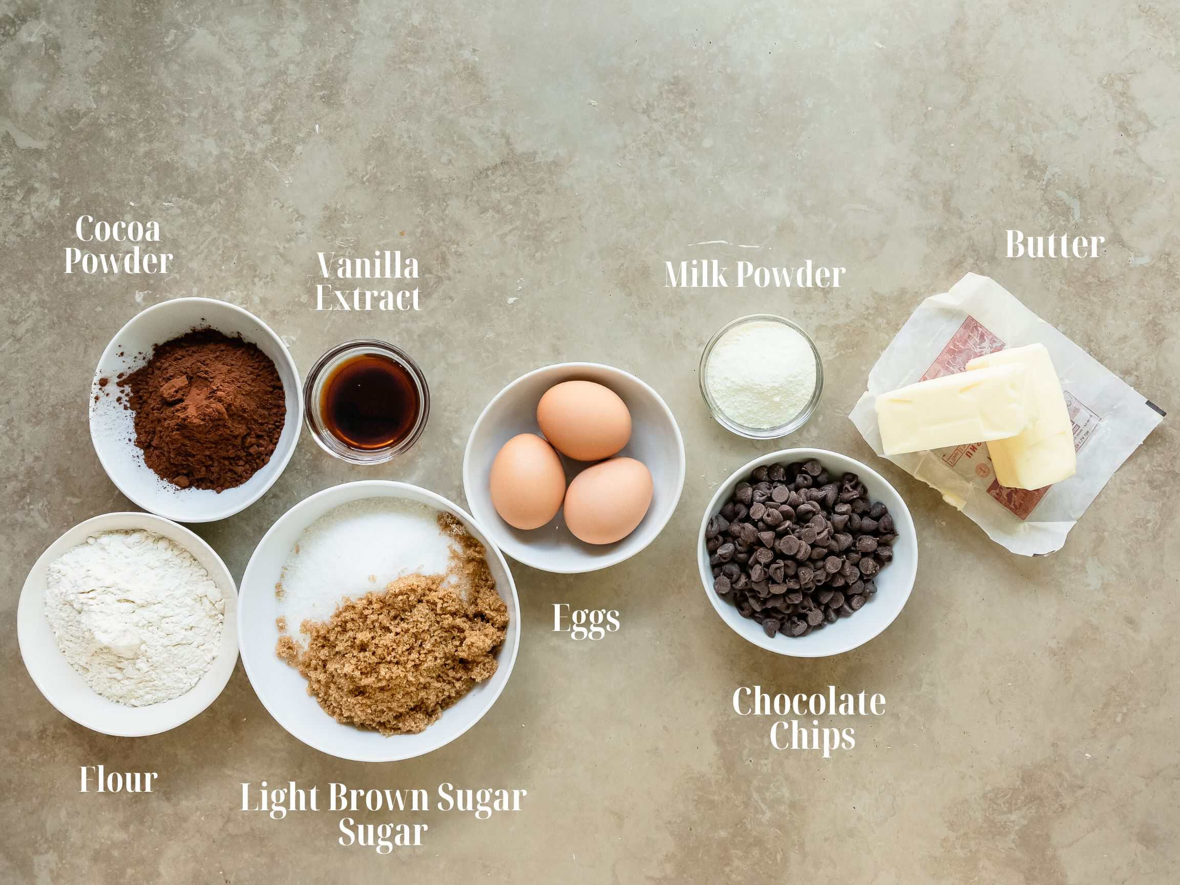 Ingredients to make Brown Butter Brownies in bowls.
