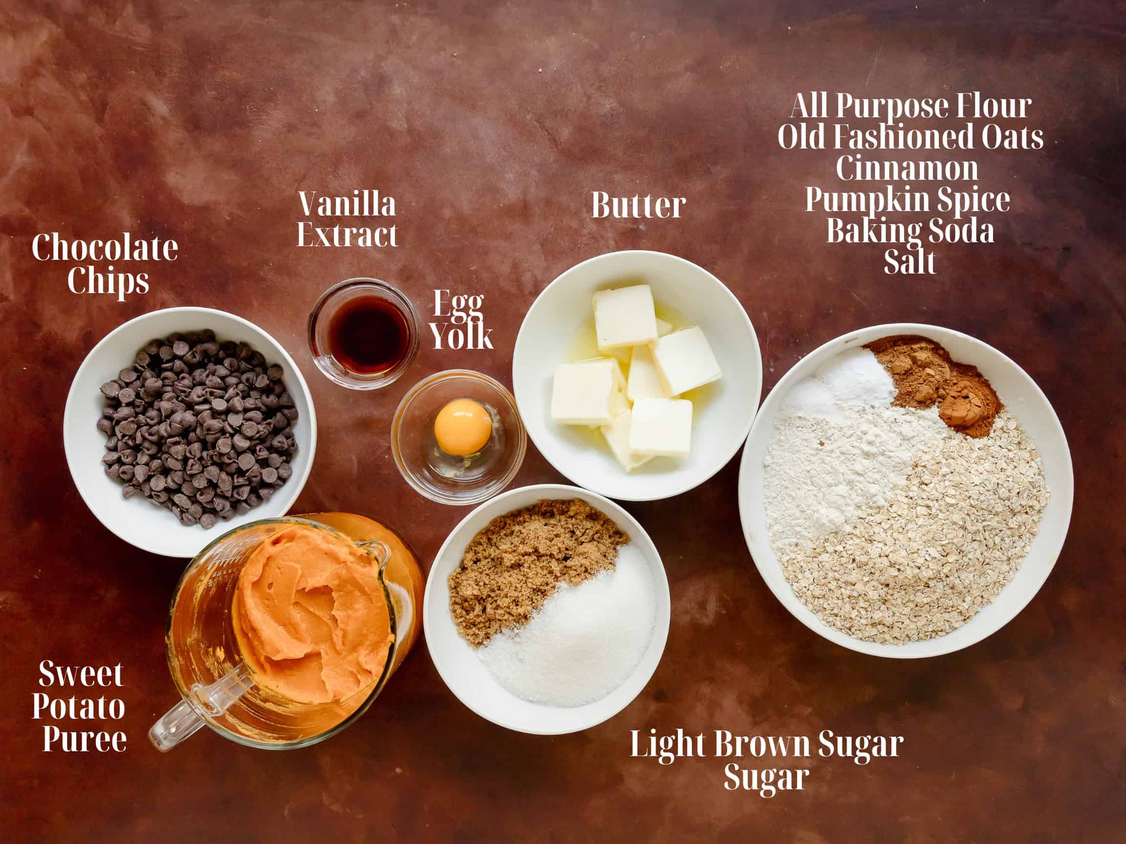 Ingredients to make sweet potato cookies in bowls.