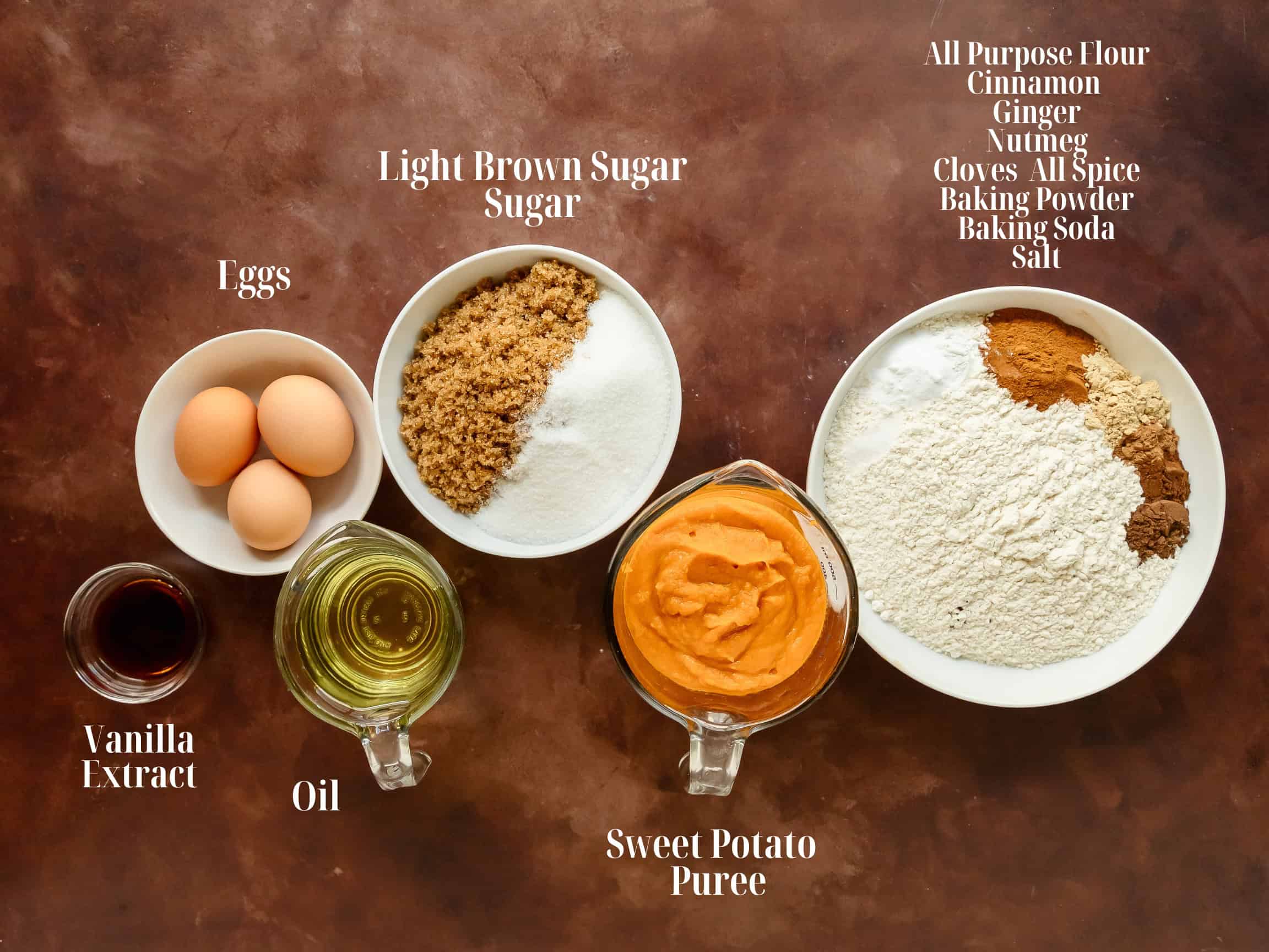Ingredients to make sweet potato cake in bowls.