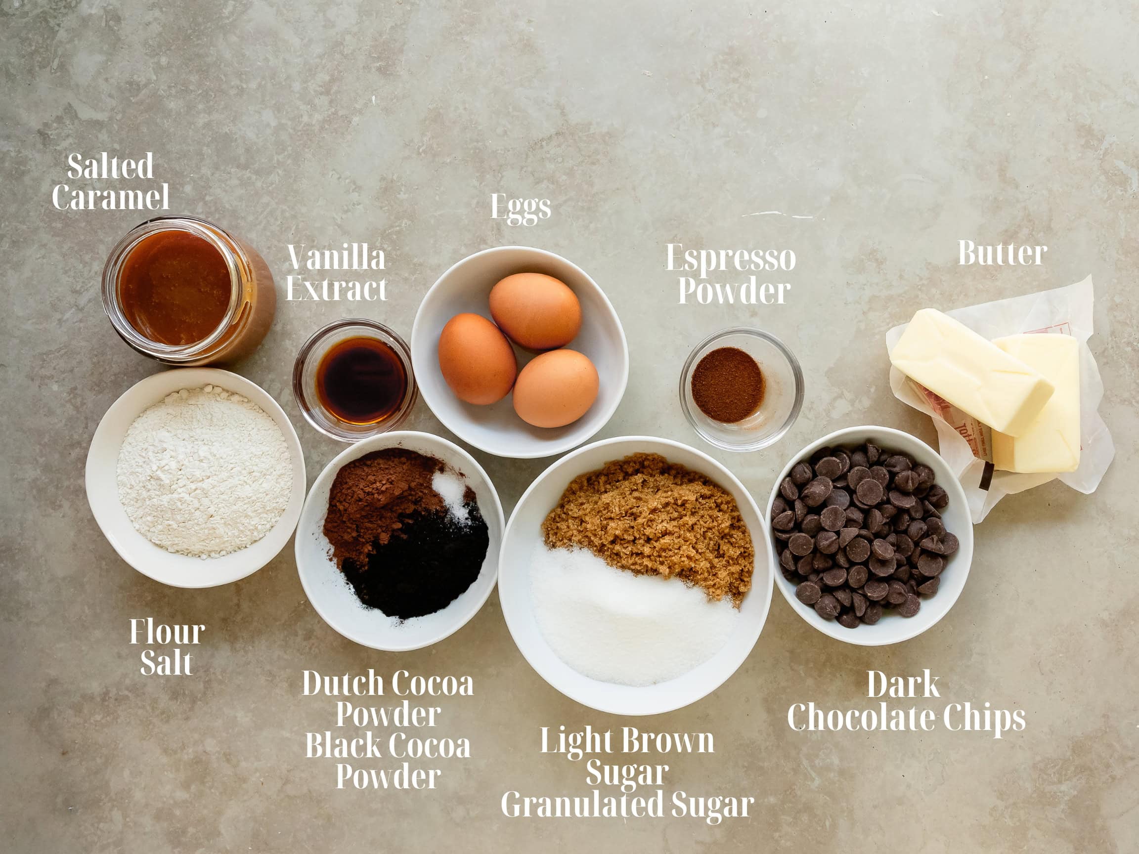 Ingredients to make salted caramel brownies.