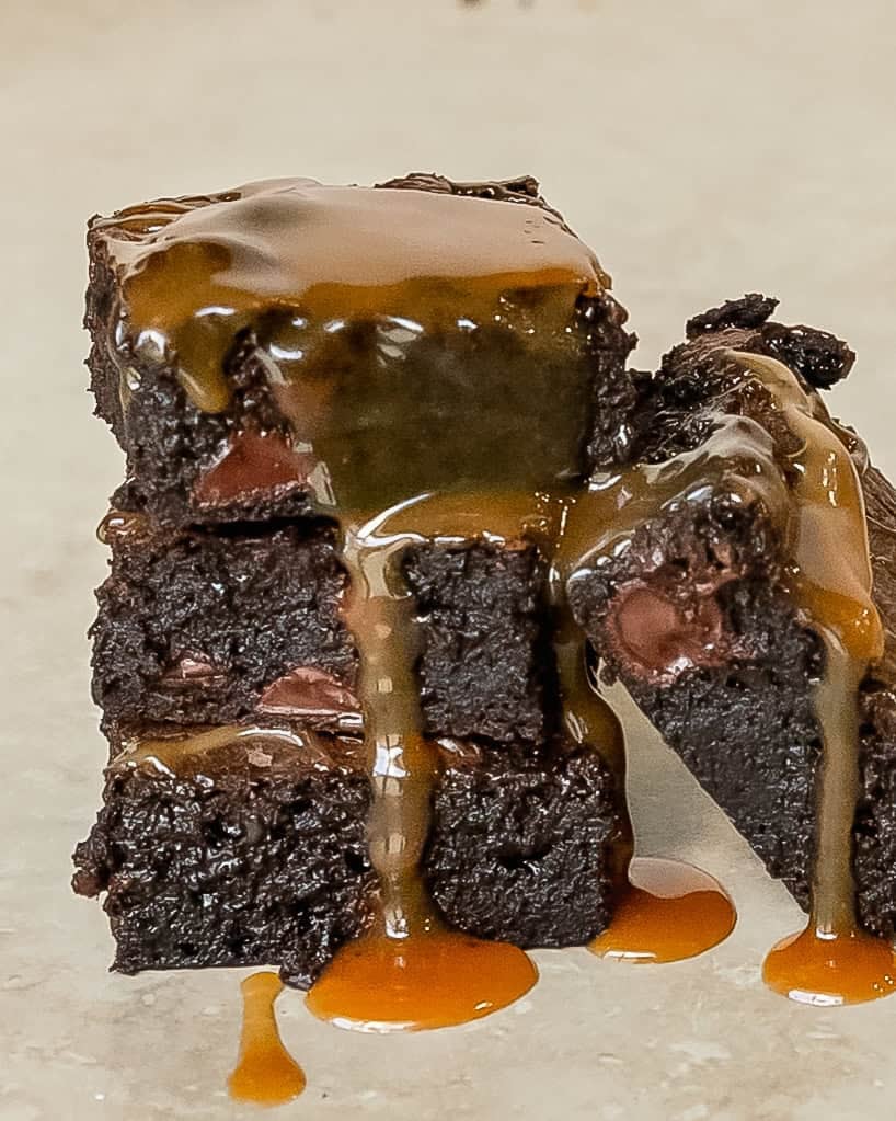 Fudgy salted caramel brownies topped with gooey caramel and flaky sea salt.